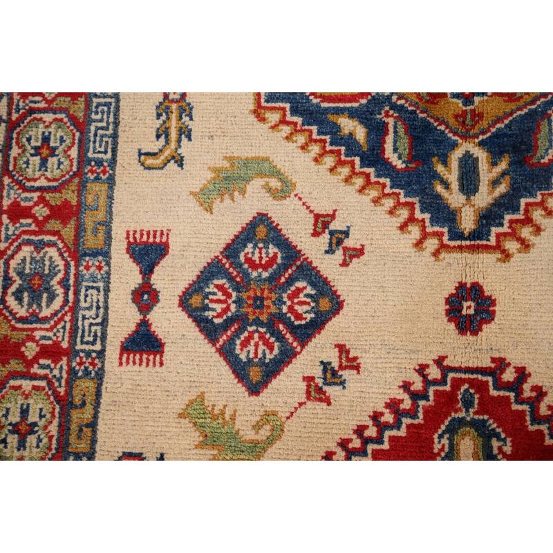 Geometric Kazak Accent Rug Hand-Knotted Beige Wool Carpet - 3'3" x 5'1"