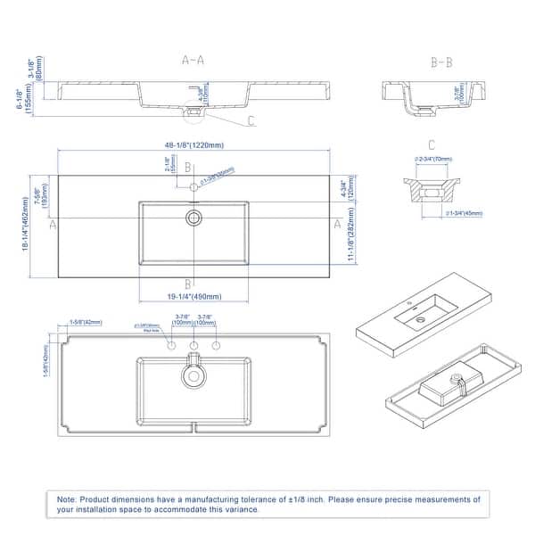 dimension image slide 3 of 15, Dowell 18" FTB Resin Bathroom Vanity Basin