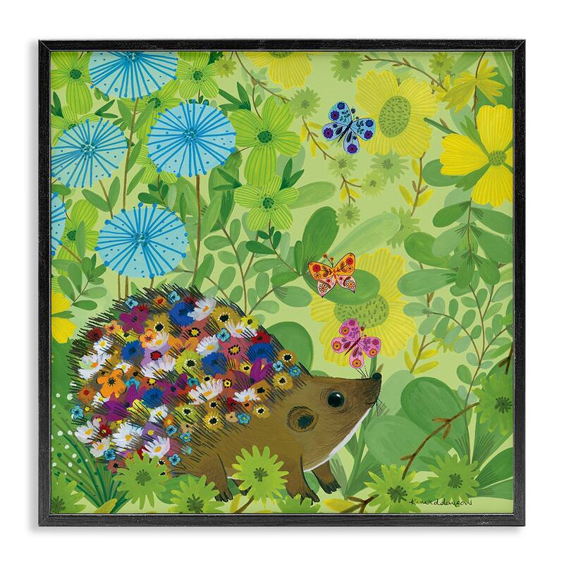 Stupell Happy Hedgehog & Flowers Framed Giclee Art Design By Kay Widdowson - 17 x 17 - Black