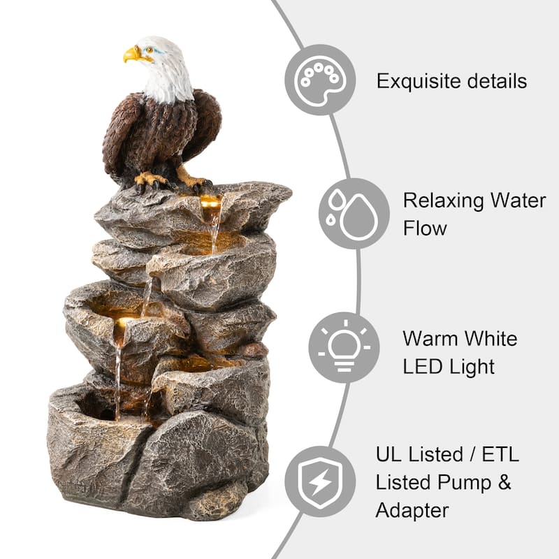 Glitzhome 25.25"H 4-Tiered Polyresin Eagel Stone Outdoor Fountain with Lights