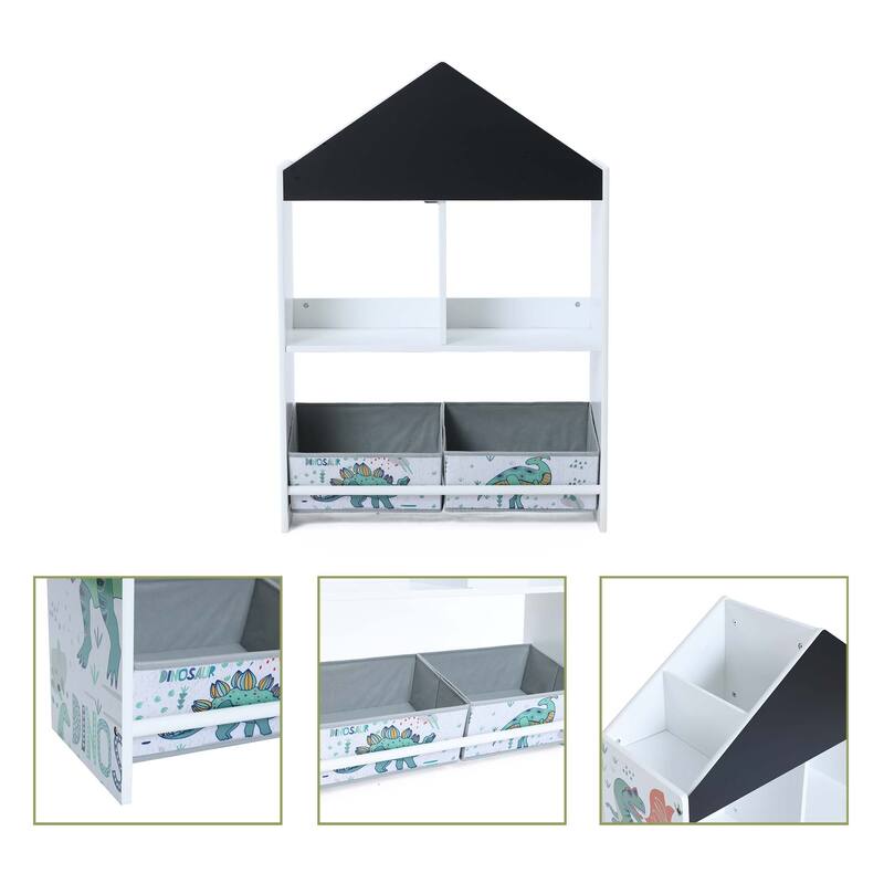 Children's Multi-Functional House Bookcase Toy Storage Bin Floor Cabinet with Blackboard