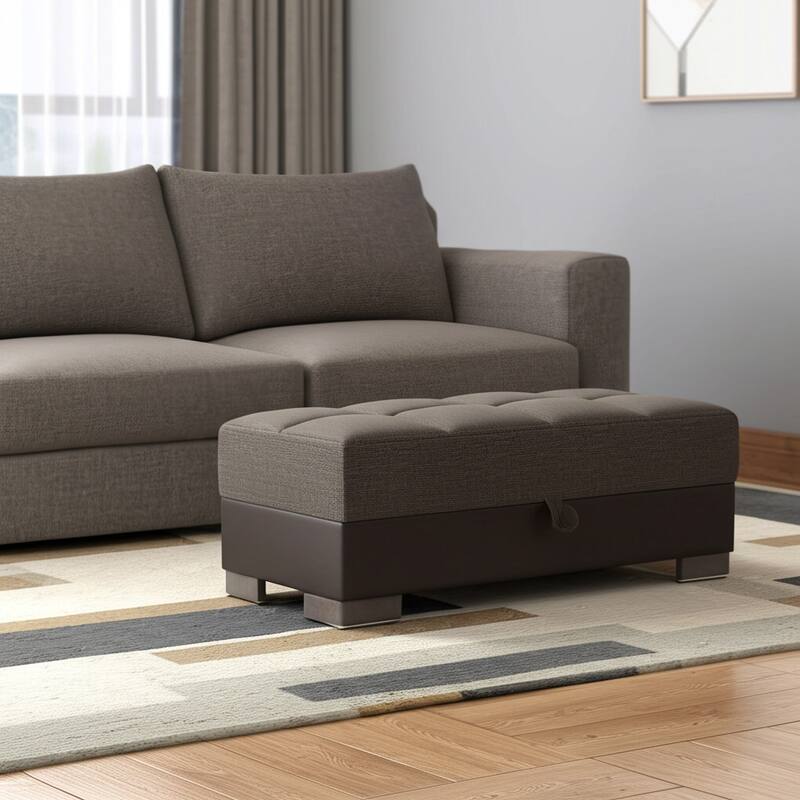 HomeRoots 52" Brown Chenille And Faux Leather Tufted Storage Ottoman - Brown - 52' X '18.5' X '21