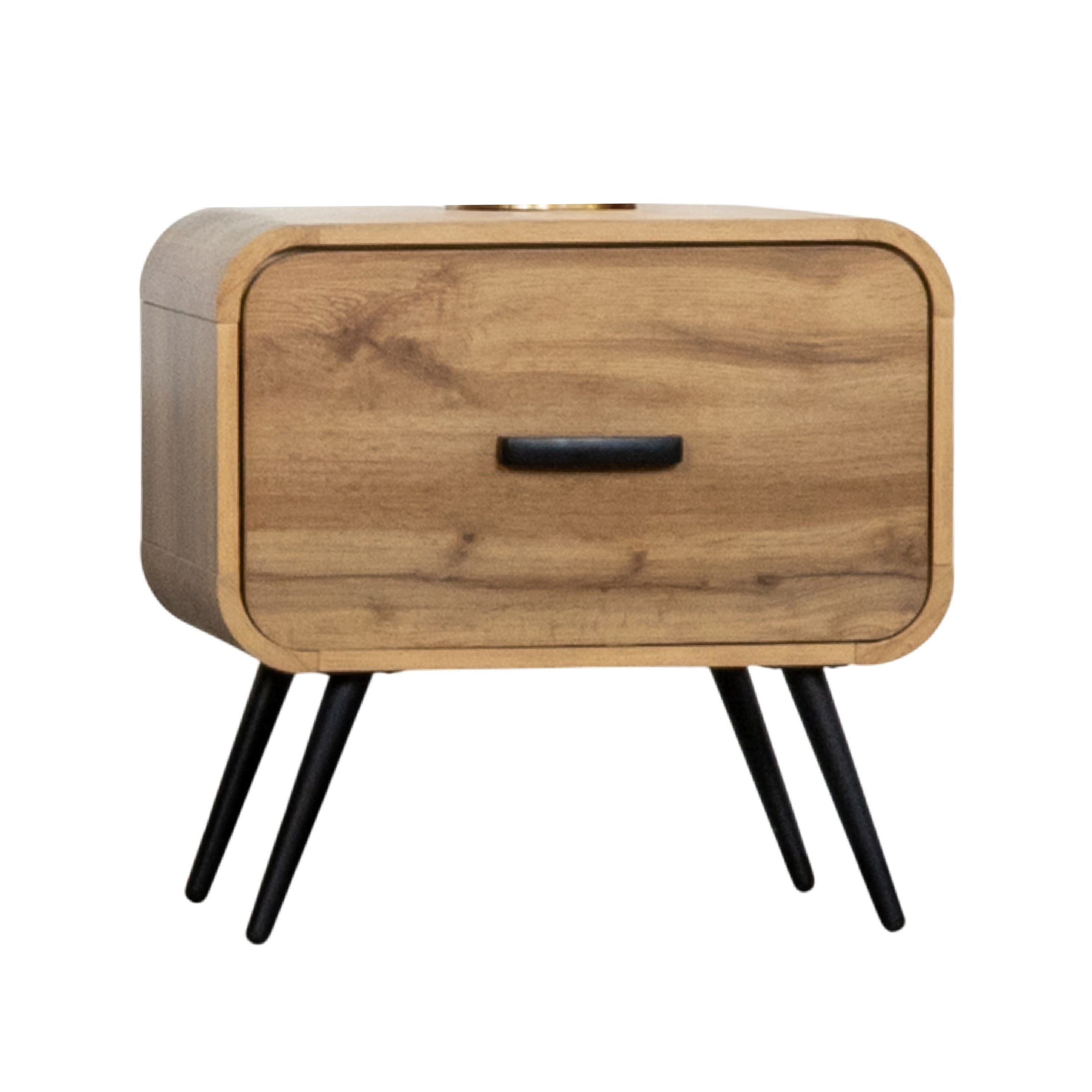 Wea Bed Side End Table, 1 Drawer, Black Angled Legs, Natural Oak Brown