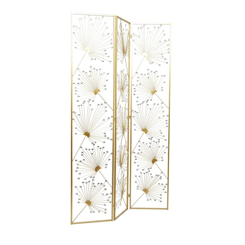Gold Metal Hinged Foldable Partition 3 Panel Floral Partition Room Divider Screen with Crystal Embellishments - 46 x 1 x 71