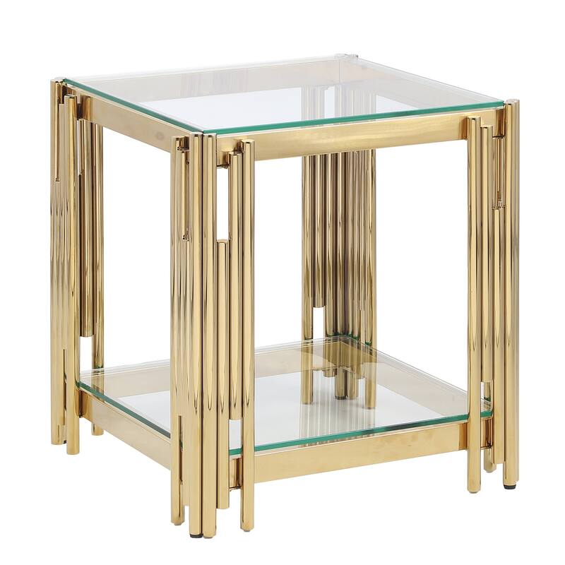 20" Wide Square End Table with Glass Top, Golden Stainless Steel Tempered Glass Coffee Table