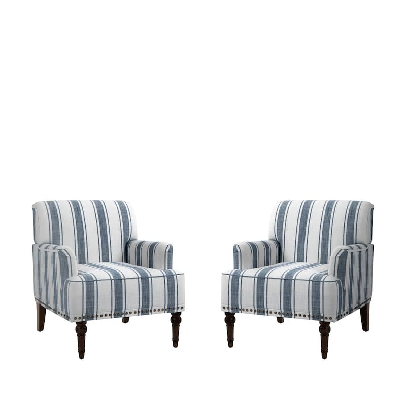 Set of 2 Stripe Linen Accent Arm Chairs with Nailhead Trim and Wood Legs