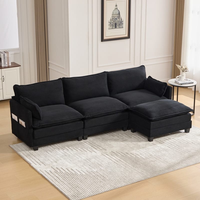 Corduroy Upholstered L Shaped Oversized Modular Sectional Sofa with Movable Ottoman