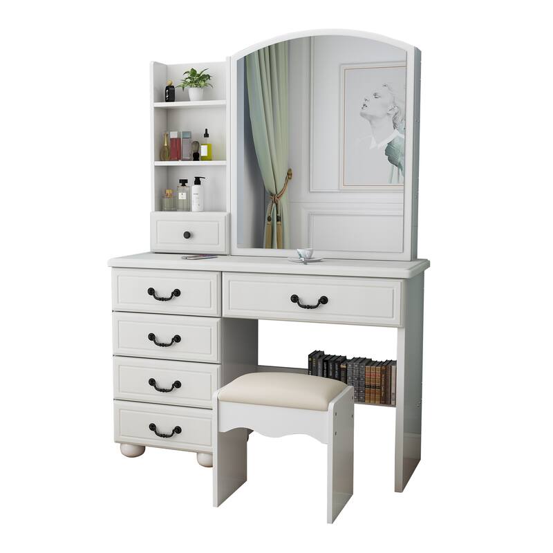 6 Drawers Vanity Desk with Large Led Makeup Mirror, Dressing Table and Stool Set for Bedroom