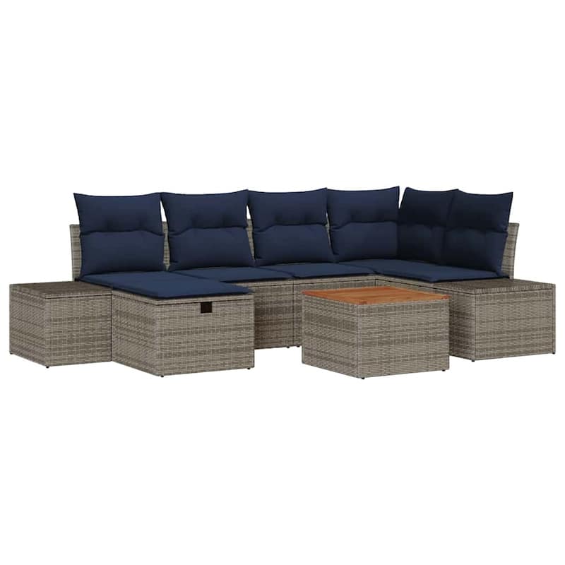 vidaXL 7 Garden Sofa Set with Cushions Black/Grey Poly Rattan - 103.9 x 60.6 x 27.2