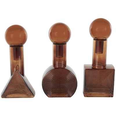 Glass Geometric Shapes Ombre Living Room Decorative Jars with Textured Grooves - Set of 3 Brown - Roche River Decor