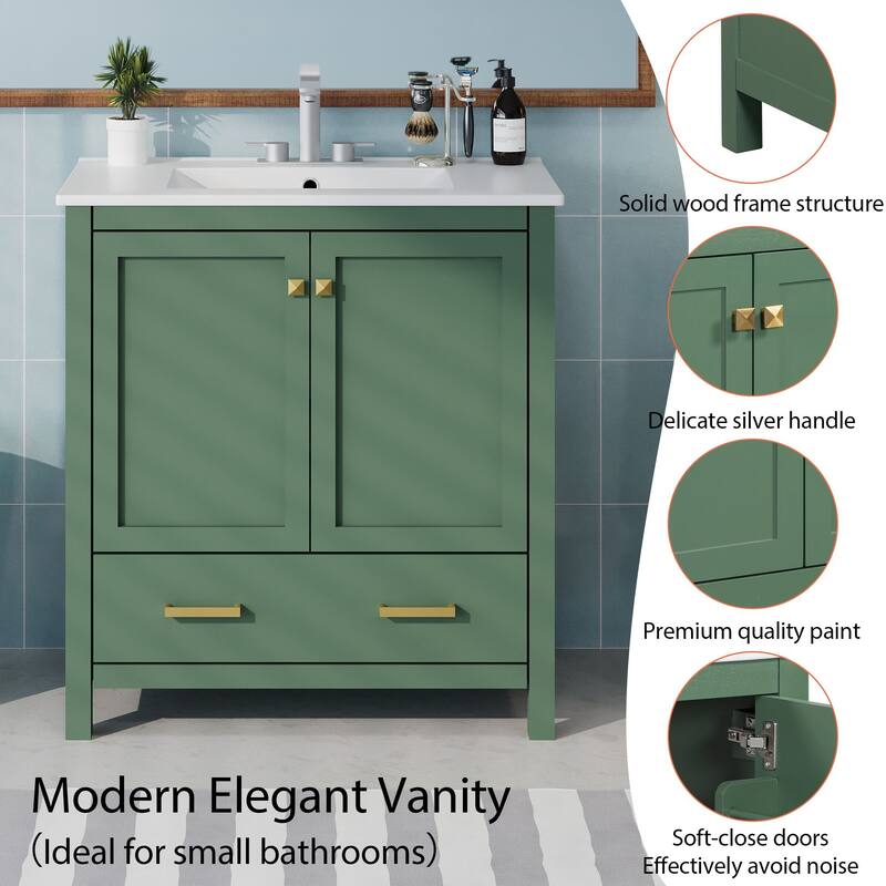 30 Inch Freestanding Bathroom Vanity with Rectangular Ceramic Sink, Two Doors, and Storage Drawer - Elegant Finish