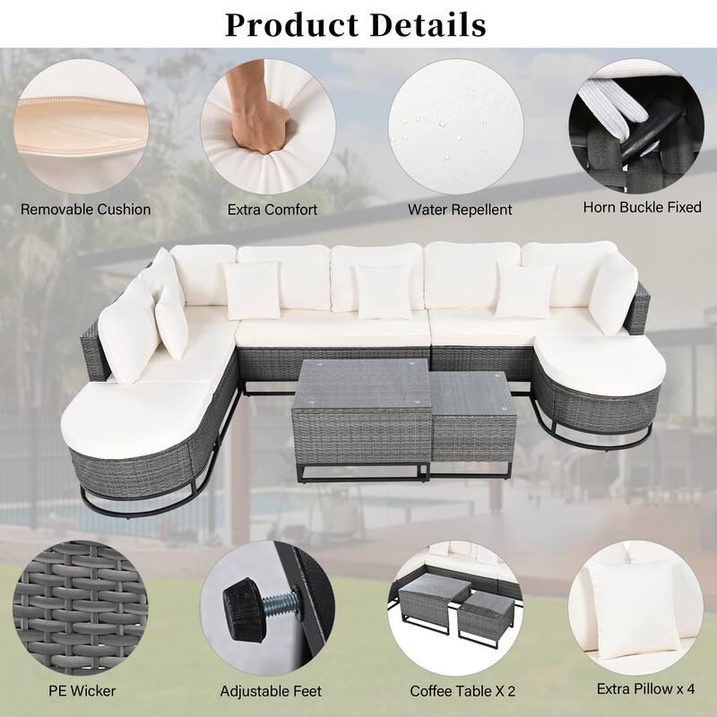 7-Piece Outdoor Wicker Sectional Sofa Set, All-Weather Patio Rattan Furniture Set with Coffee Table and Pillows