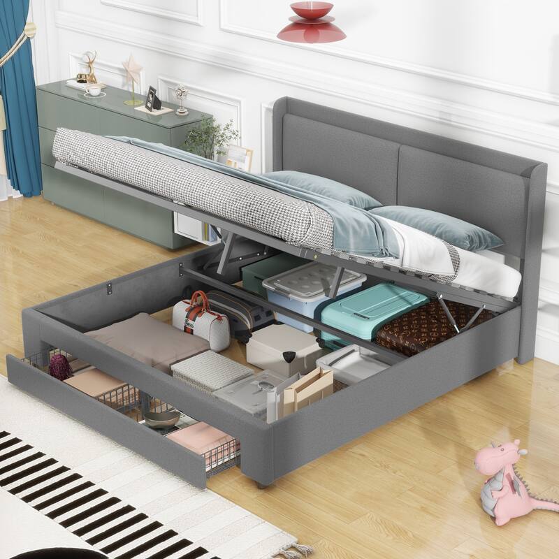 Queen Hydraulic Storage Bed Upholstered Platform Bed with Storage