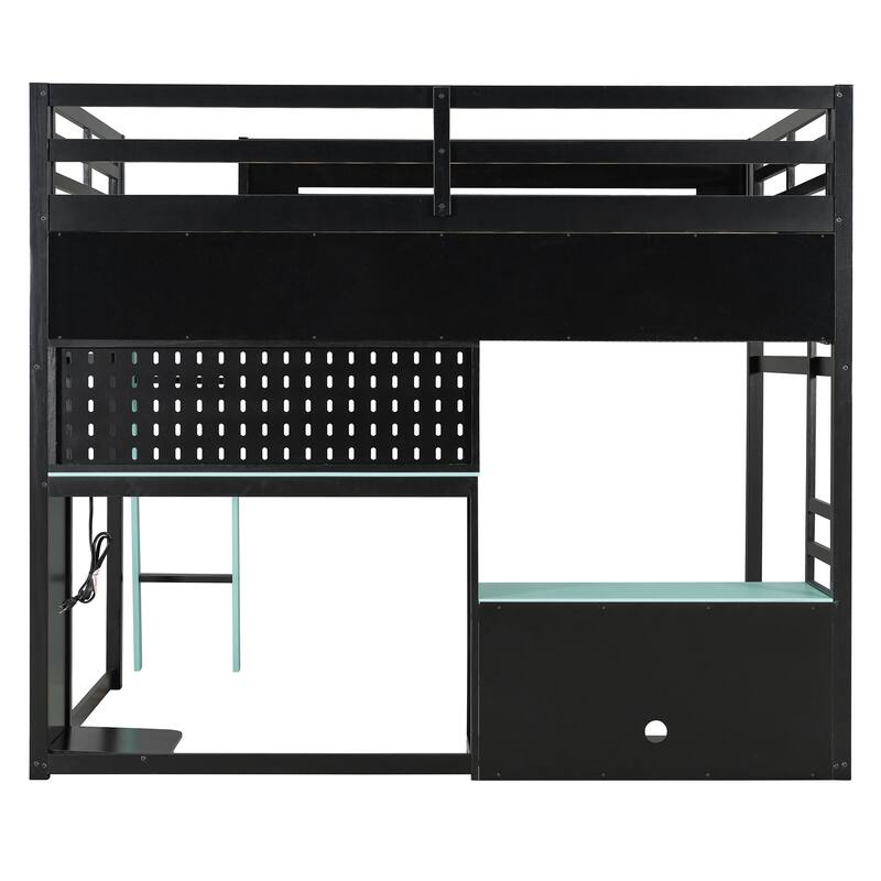 Full Size Gaming Loft Bed with Desk, Shelves, LED, USB and Pegboard