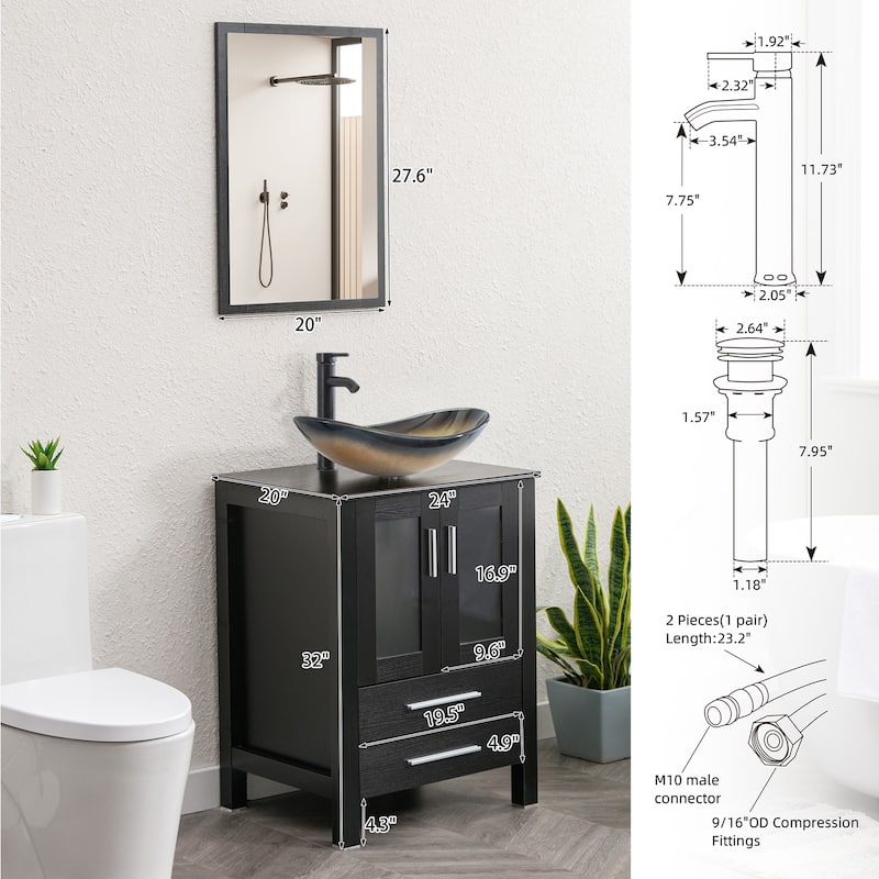 eclife 24" Classical Bathroom Vanity Set with Tempered Glass Vessel Sink Oil Rubbed Bronze Faucet and Drain