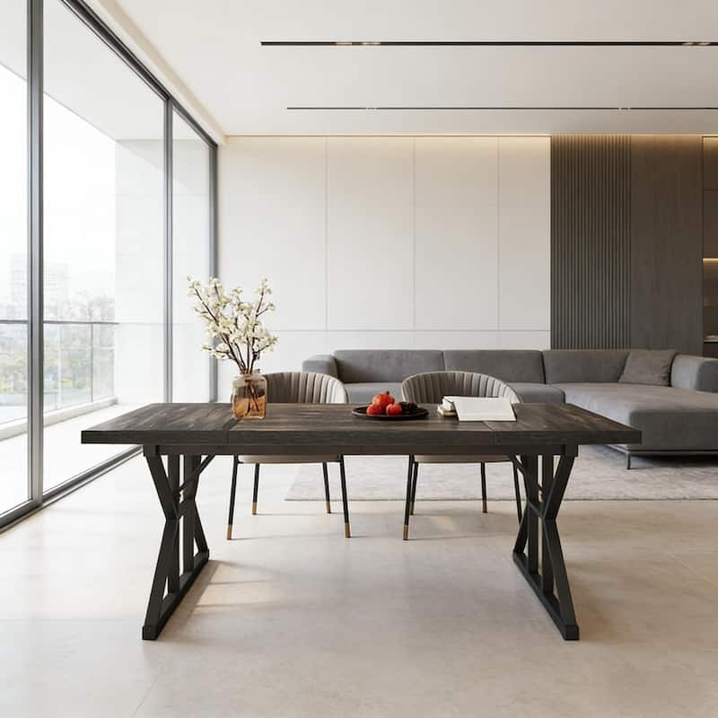 Dining Table for 6, Wood Kitchen Table with Trestle Base, Kitchen Table Meeting Table with X-shaped Accents