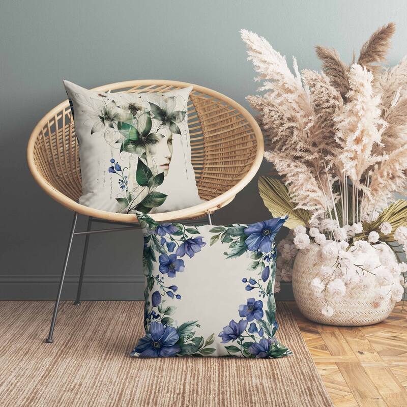 Flora Face Faux Suede Reversible Throw Pillow Green and Blue