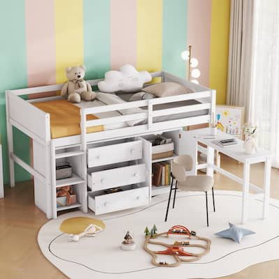 Low Loft Bed for Kids Twin Size Storage Bookcase Bed Frame with Pull-out Desk, 3 Drawers and Cabinet and Shelves