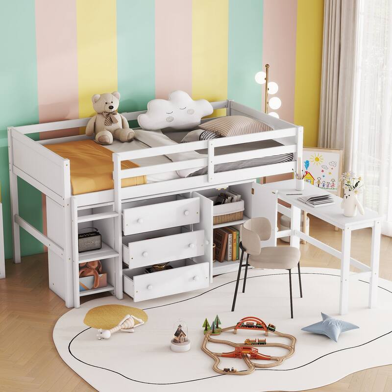 Twin Size Low Loft Bed with Pull-Out Desk, Drawers, Cabinet, and Shelves in White