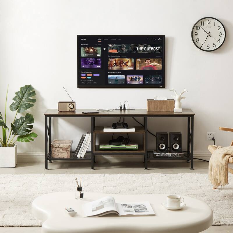 VECELO TV Stand 55/63/70 Inch Brown/Gray with 2 USB Ports & 4 AC Outlets Charging Station Open Storage Shelves TV Cabinet - 55-Inch - Brown