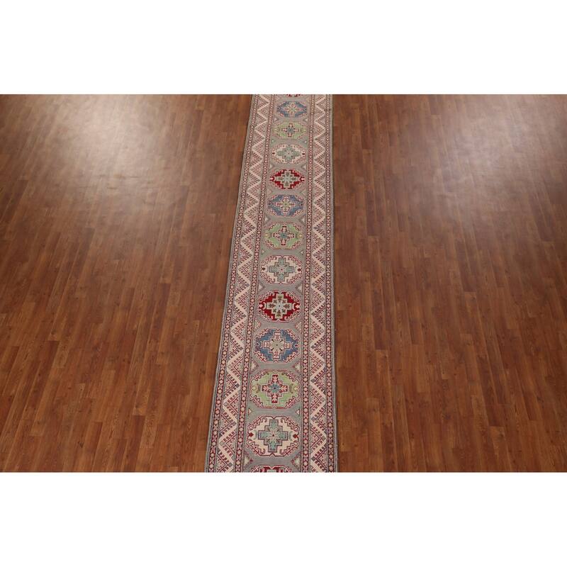 Gray Kazak Oriental Runner Rug Hand-Knotted Hallway Wool Carpet - 2'6" x 20'0"