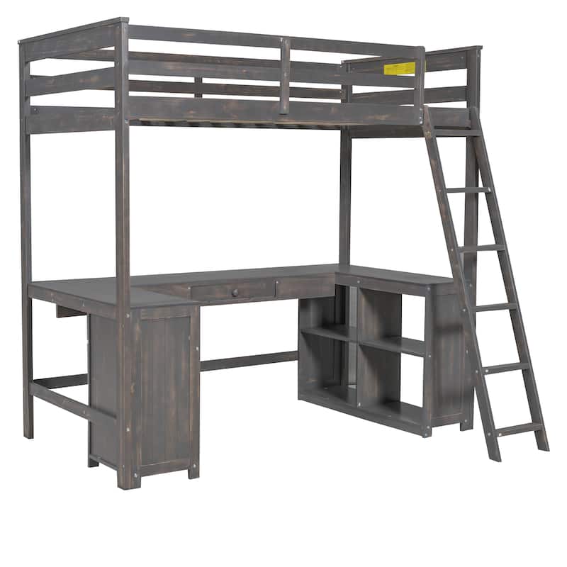 Antique Brown Twin Size Solid Wood Loft Bed with Desk, Blackboard, and Storage
