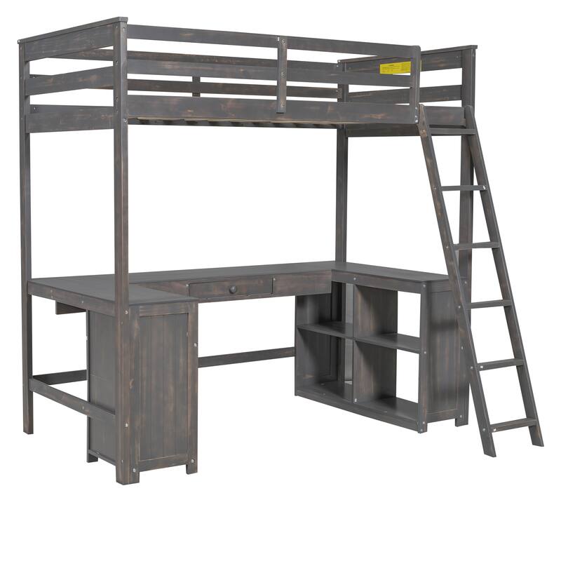Twin Size Loft Bed with U-shaped Desk, Drawers and Storage Shelves, White