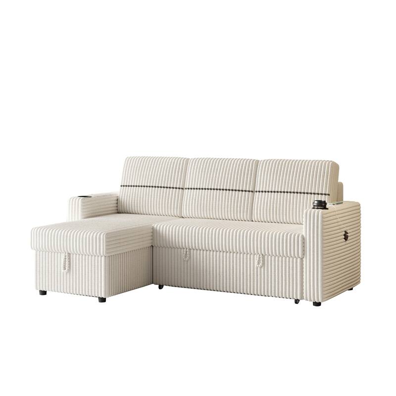 3 Seater Corduroy Sleeper Sofa - Pull-Out Couch with Storage Chaise, USB Charging Port & Cup Holders, 85" Sofa Bed