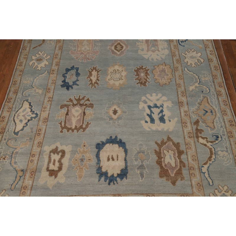 Geometric Blue Vegetable Dye Oushak Turkish Hand-Knotted Wool Carpet - 5'5"x 7'7"