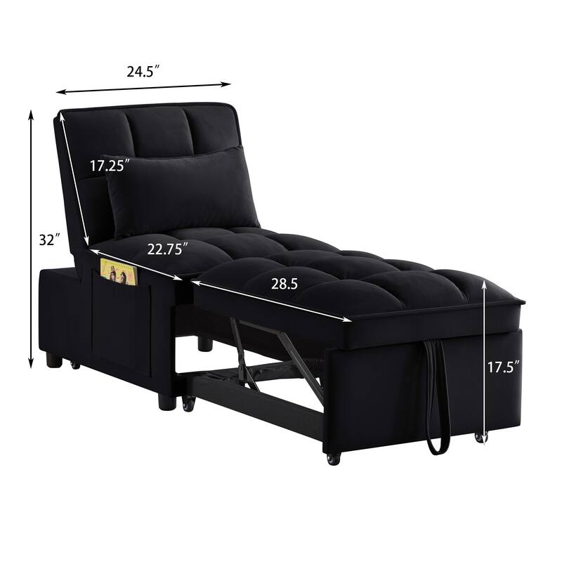 3 in 1 Convertible Sleeper Sofa Chair,Velvet Tufted Pull Out Couch Bed with Adjustable Backrest and Pillow