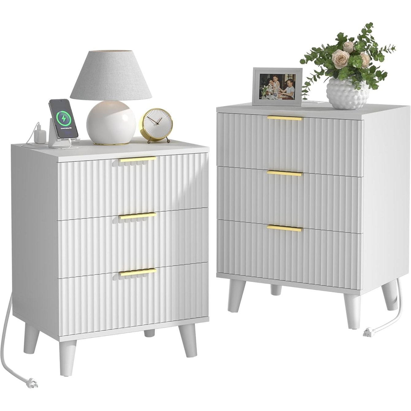 Modern White Wood Nightstand Set with 3 Drawers and Charging Station