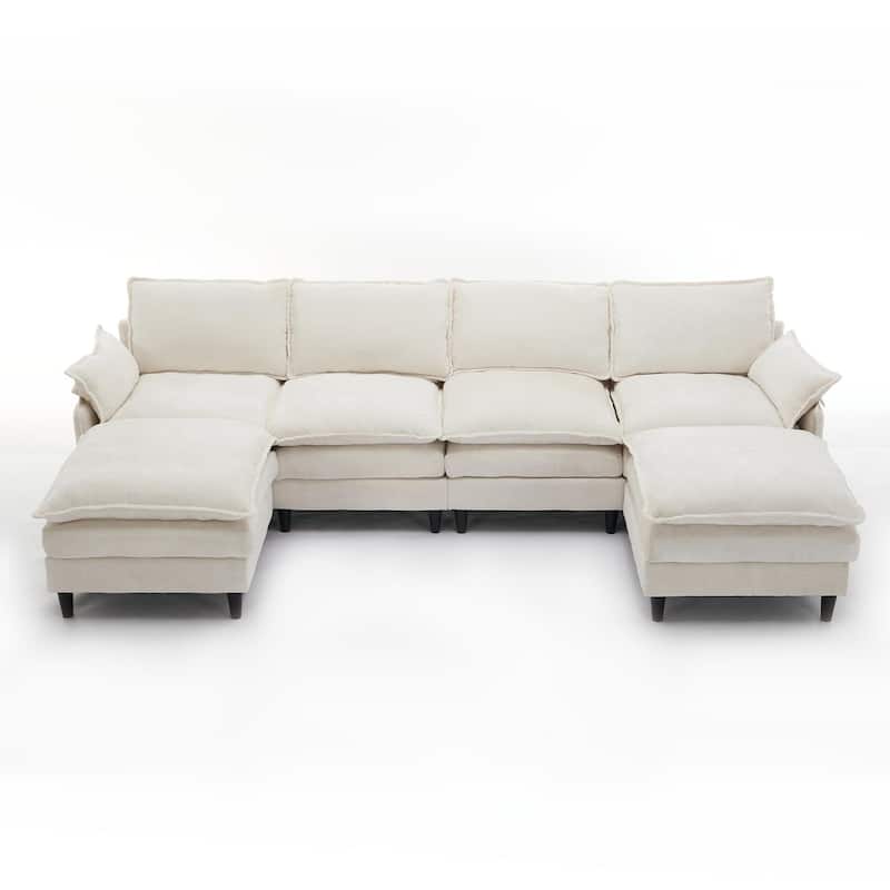 121.5" Chenille U-Shaped 6-Seater Sectional Sofa with 2 Movable Ottomans and 6 Pillows
