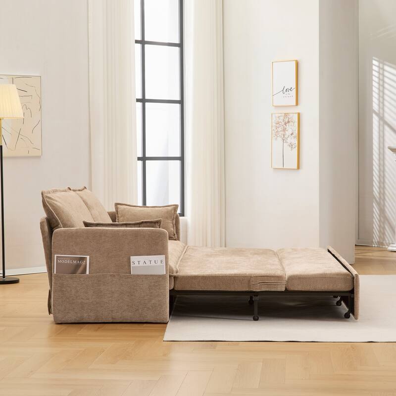 59.5" Ergonomic Sofa Bed with Storage & Charging - Supportive Chenille Convertible Sleeper, 800lb Capacity, Side Pockets