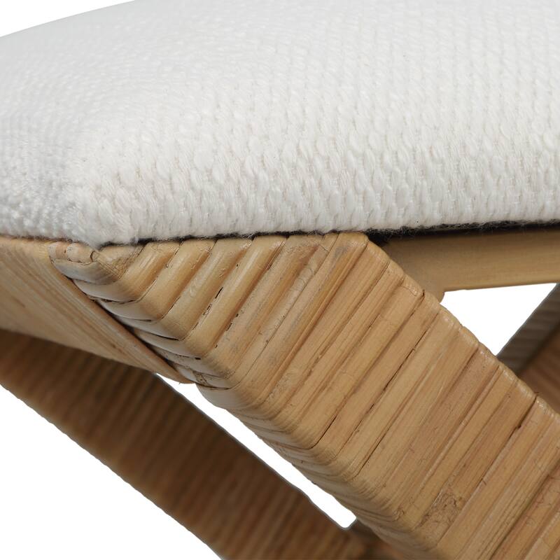 Upholstered Rattan X Shaped Base Small Bench - 19" - White and Brown