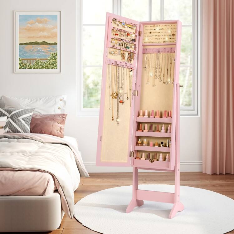 Mirrored Standing Jewelry Cabinet Storage Box - 13" x 14.5" x 56" (L x W x H)