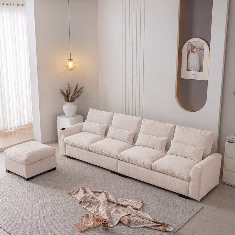 114.5" Modern Modular L Shaped Chenille Sofa with Reversible Ottoman, Storage, USB Ports & Cup Holder, Beige