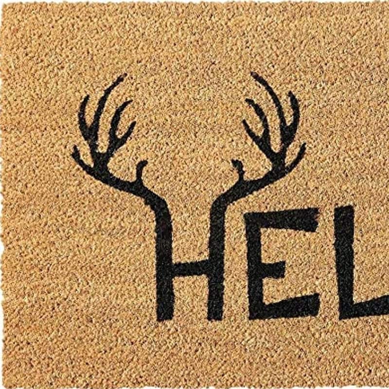 HomeRoots 24" X 36" Natural And Black Hello With Antlers Outdoor Coir Door Mat - 24' X '36