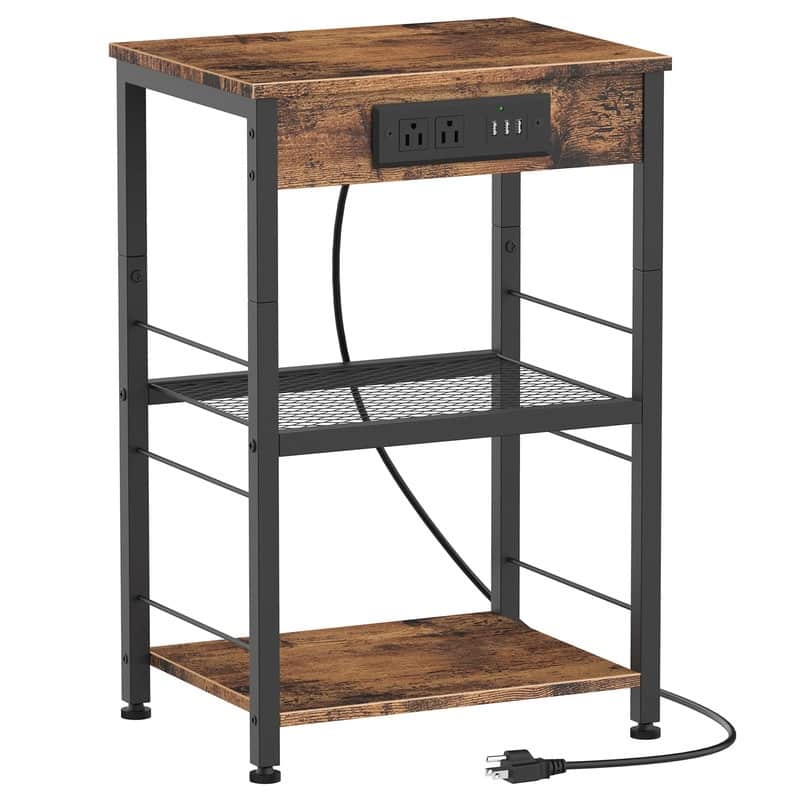 Nightstand with Charging Station - Brown+black