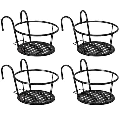 Gardenised Set of 4 Decorative Round Iron Hanging Bucket Style Plant Pot Holders and Flower Baskets with Hooks for Railing Fence