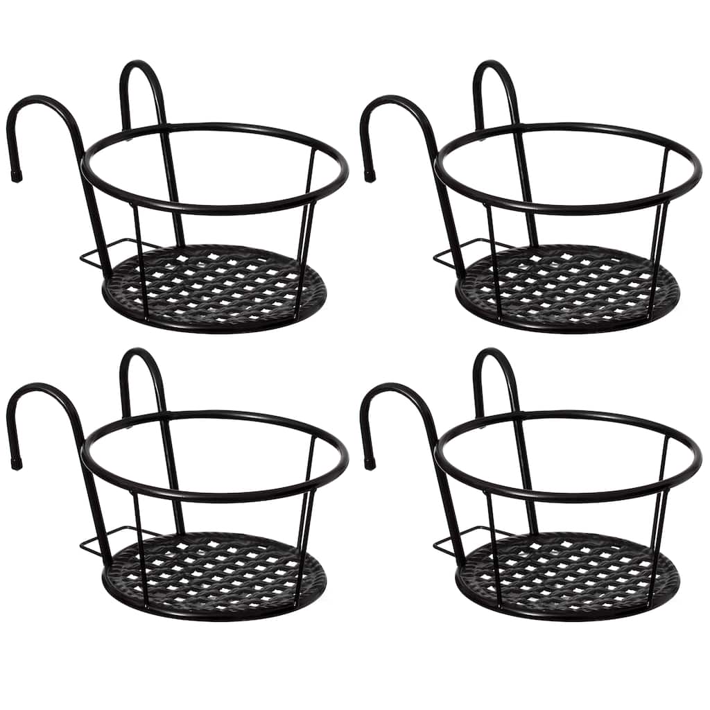 Gardenised Set of 4 Decorative Round Iron Hanging Bucket Style Plant Pot Holders and Flower Baskets with Hooks for Railing Fence