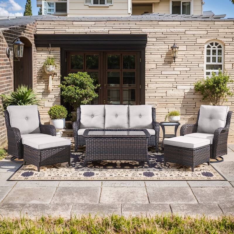 Pocassy Outdoor 7PCS 3-Seat Sofa Swivel Chairs Table Ottoman - Beige cushion - Brown Wicker