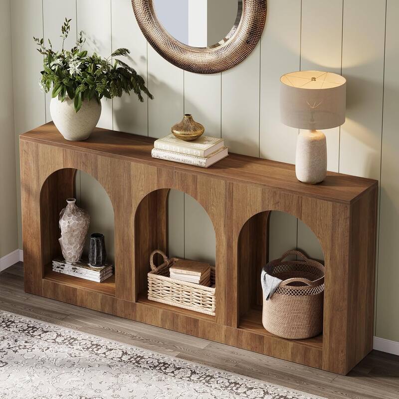 70.9" Console Table with Storage, Wood Entryway Table with 3 Arched Shelves - 11.8"L x 70.9"W x 35.4"H