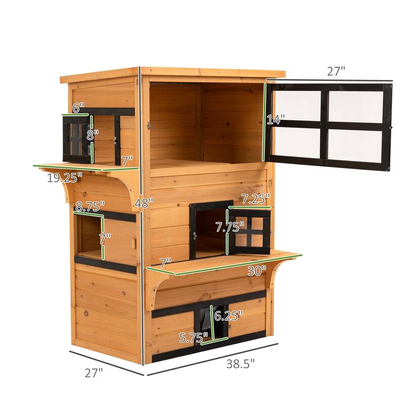 PawHut 3-Story Cat House Feral Cat Shelter, Outdoor Kitten Condo with Raised Floor - Yellow
