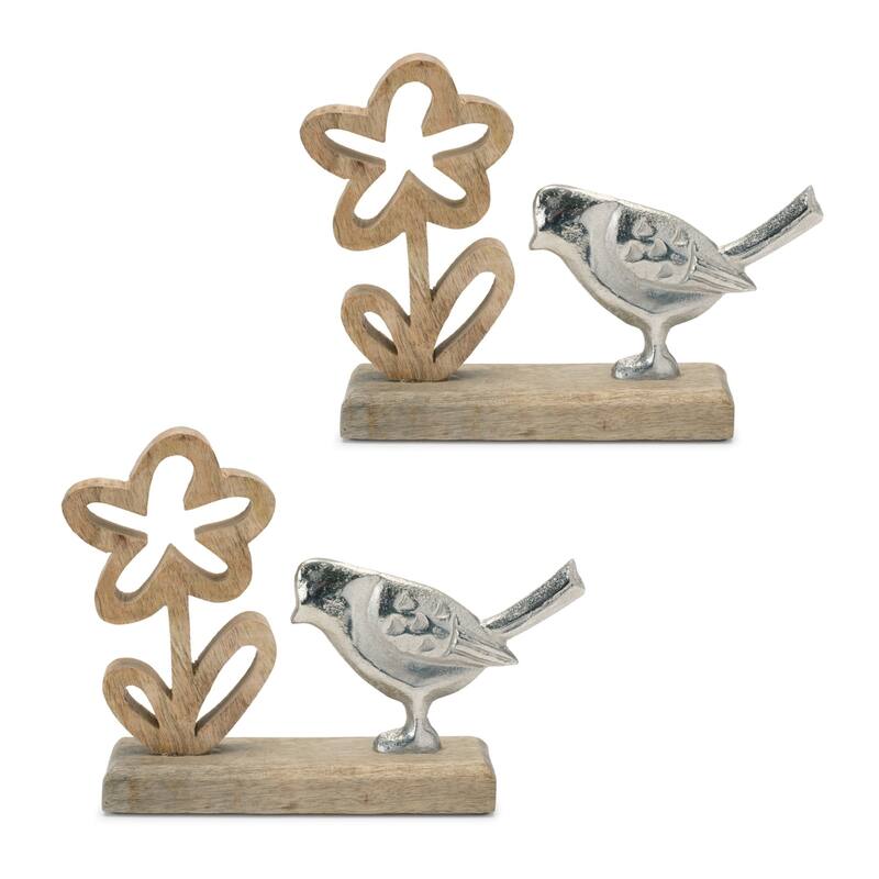 Bird and Flower on Wooden Base Decorations - 9.5" - Set of 2