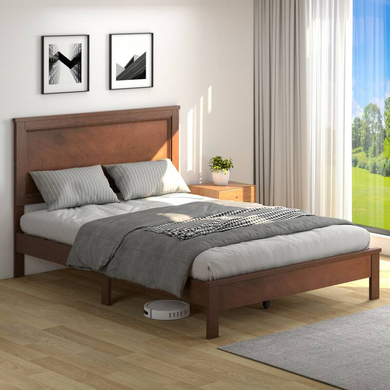 Gymax Twin/Full/Queen Size Bed Frame Platform Slat High Headboard - Walnut - Full