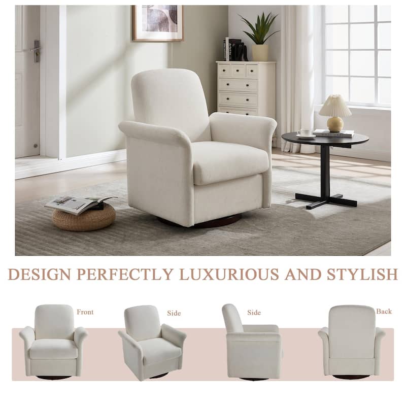 Linen Fabric Swivel Barrel Chair, Ergonomic Upholstered Single Sofa Chair, Lounge Armchair with Curved Back & Wood Base