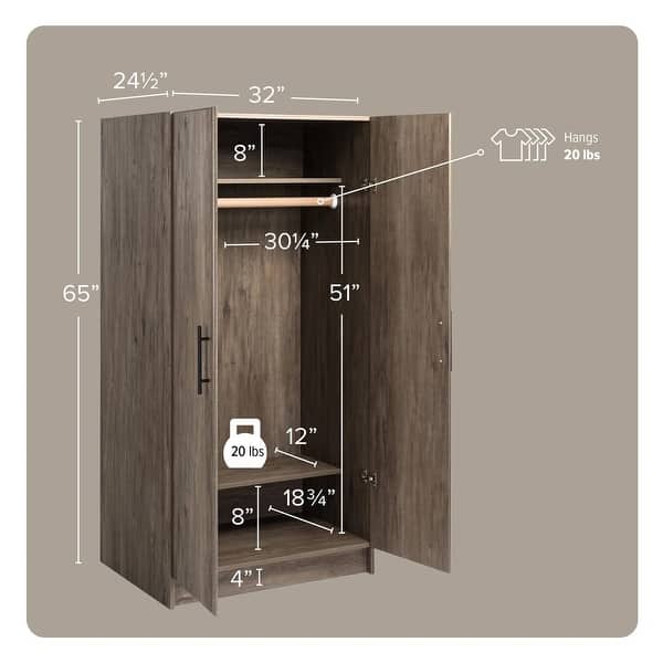 dimension image slide 2 of 4, Bedroom Armoire Wardrobe Cabinet with Hanging Rail - 65'' H X 32'' W X 24.5'' D