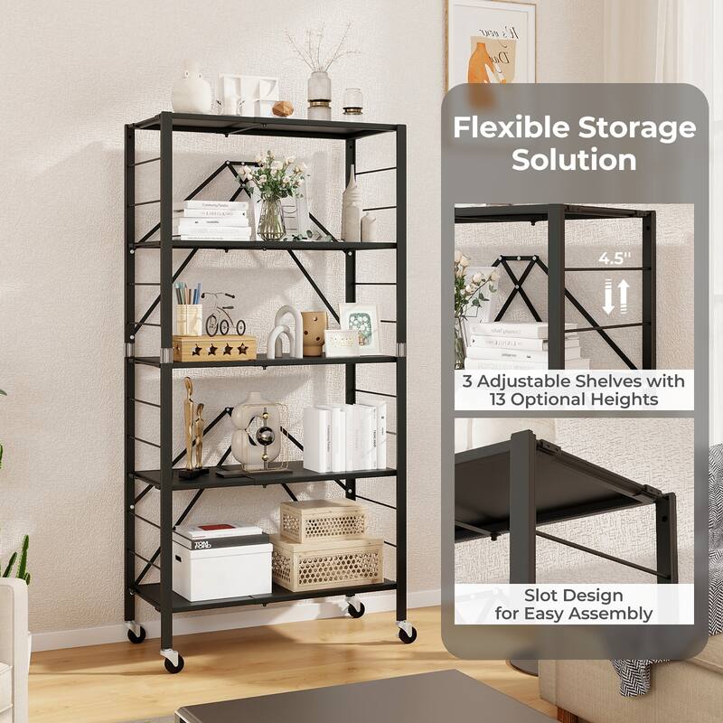 Gymax 5-Tier Foldable Storage Shelf w/ Wheels Adjustable Shelves Metal