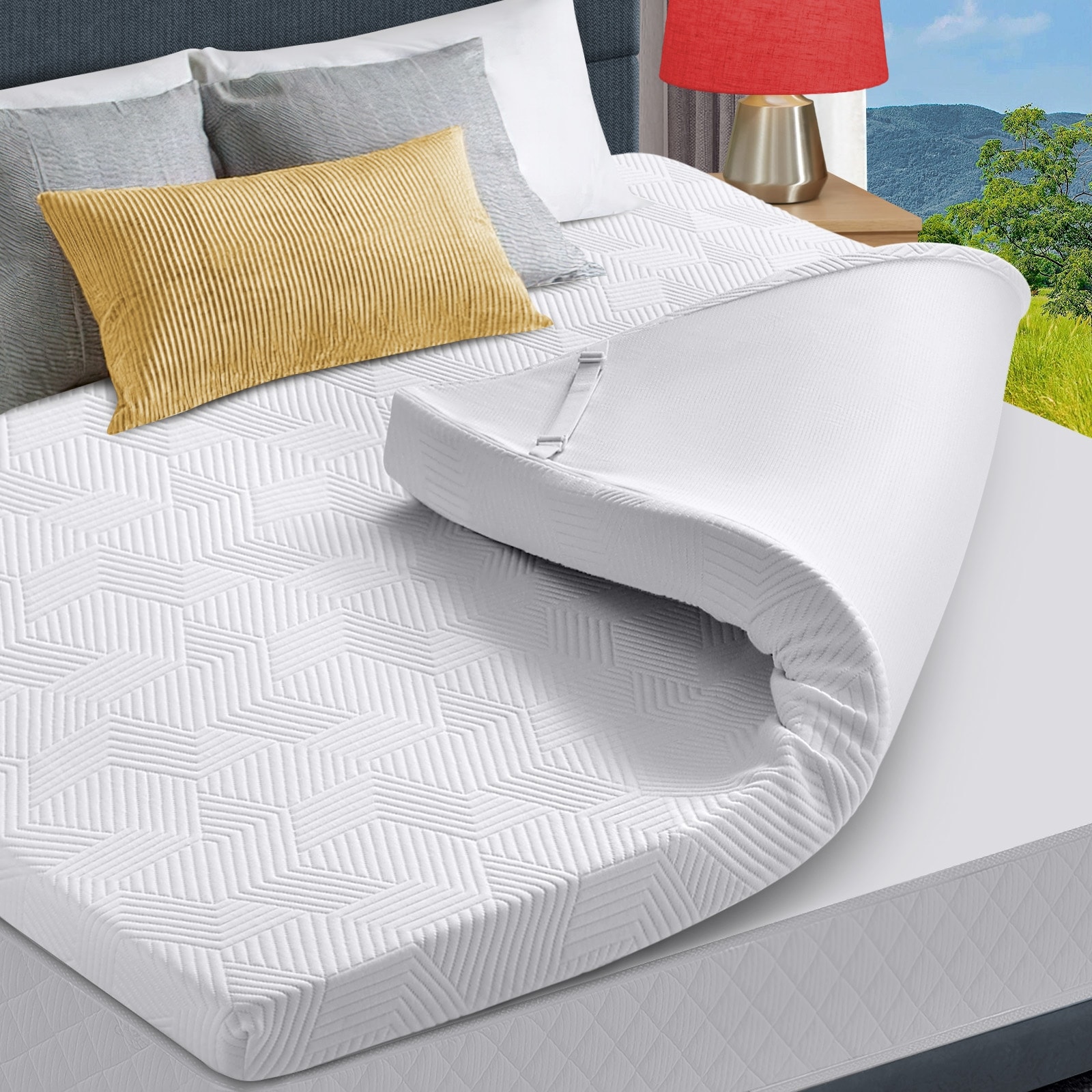 Gel Memory Foam Mattress Topper with Breathable Rayon From Bamboo Fiber Cover and Anti sliding Fixing Straps Full