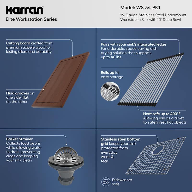 Karran Elite WS-34-PK1 Undermount 27" Single Bowl Stainless Steel Workstation Kitchen Sink